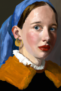 DALL E 2023 03 06 11 40 21 Maak een portret van een mooi meisje met volle lippen en blauwe ogen en glinsterende oranje oorbellen in de stijl van Vermeer